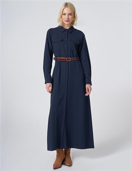 Maxi Dress with Woven Belt Detail – Dark Navy