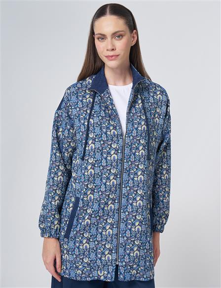 Floral Desen Fermuarlı Ceket Limoni 