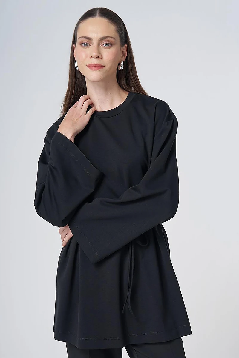 Drawstring Belt Modal Sweatshirt – Black