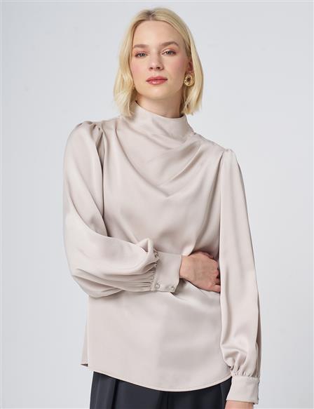 Stand Collar Satin Blouse – Stone