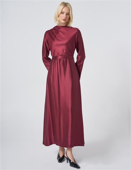 Belted Satin Dress – Burgundy