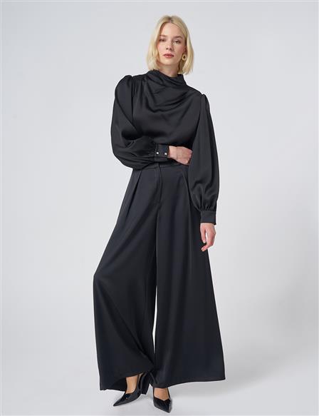 Pleated Satin Trousers – Black