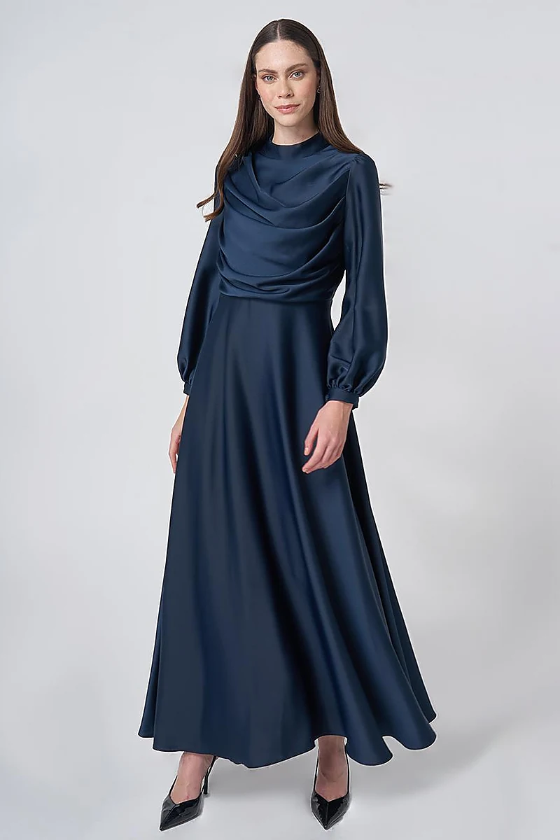 Cowl Neck Satin Dress – Dark Navy
