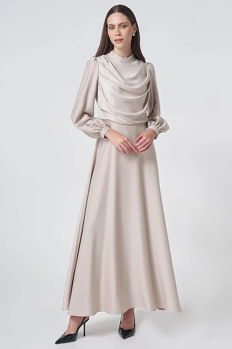Cowl Neck Satin Dress – Stone