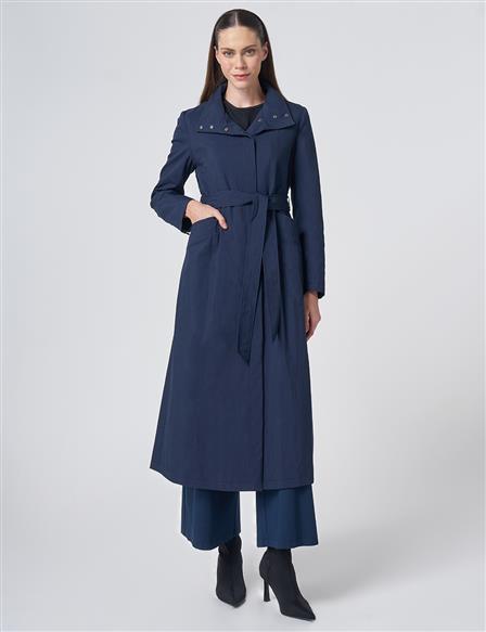 Belted Mock Neck Trench Coat – Dark Navy