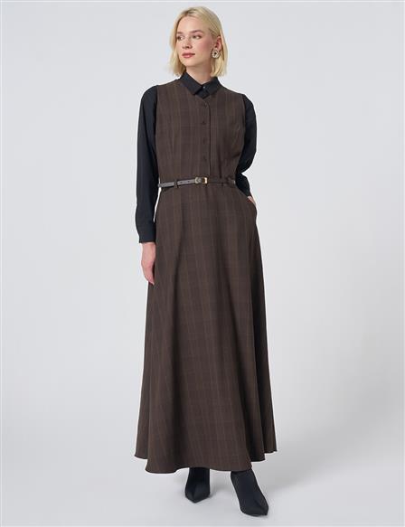 Plaid Pattern Pinafore Dress – Dark Brown