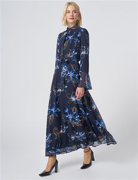 Floral Print Chiffon Dress – Dark Navy