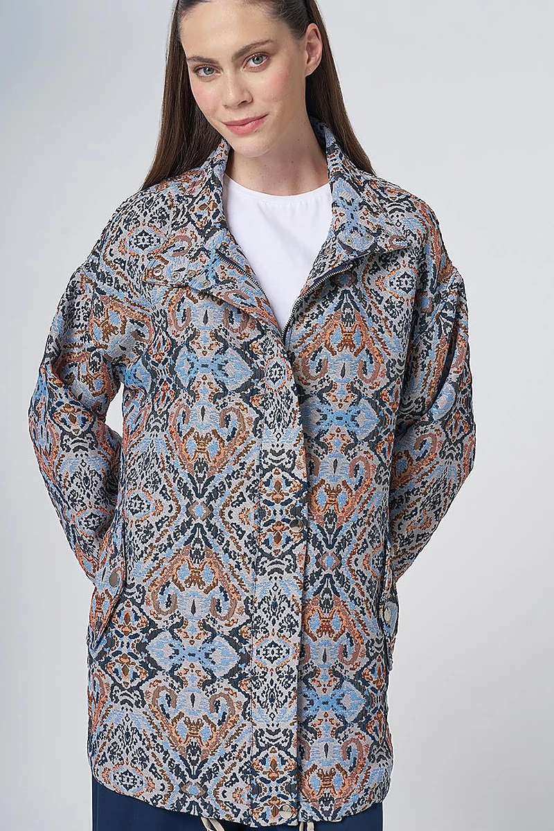 Ethnic Pattern Stand Collar Jacket – Indigo
