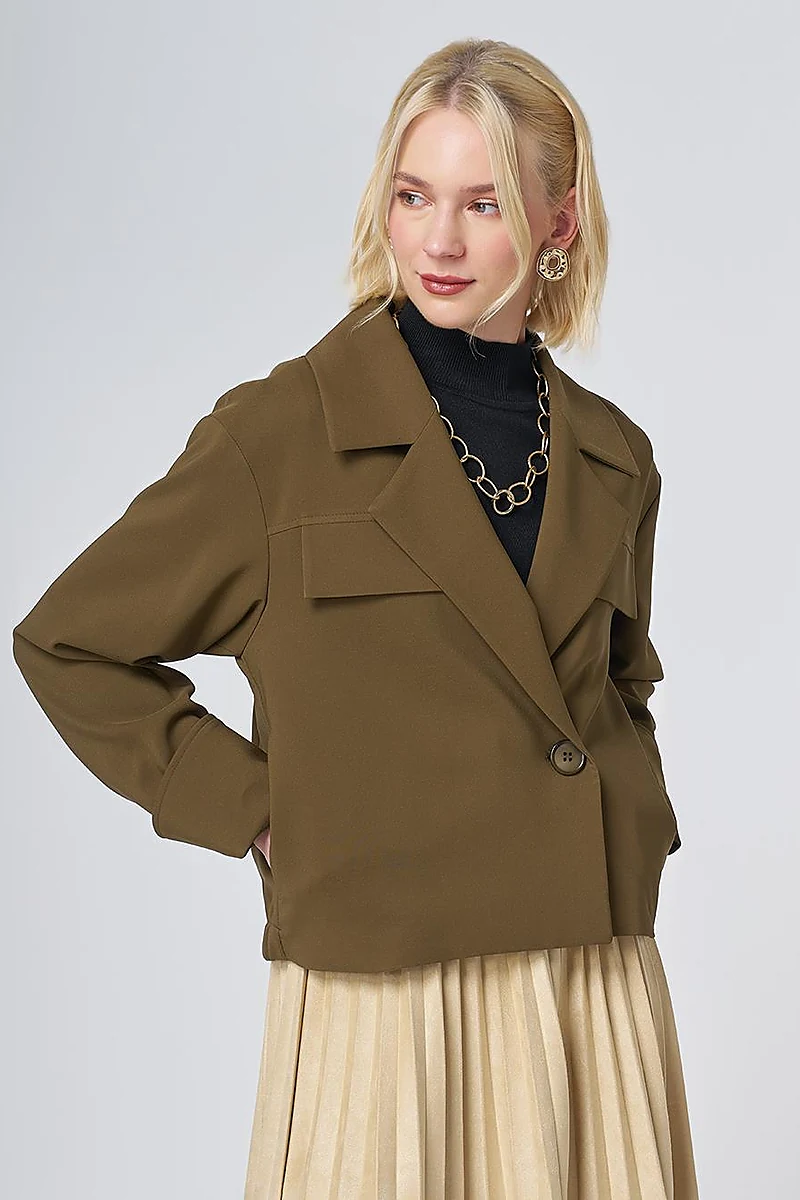 Relaxed Fit Cropped Jacket – Khaki
