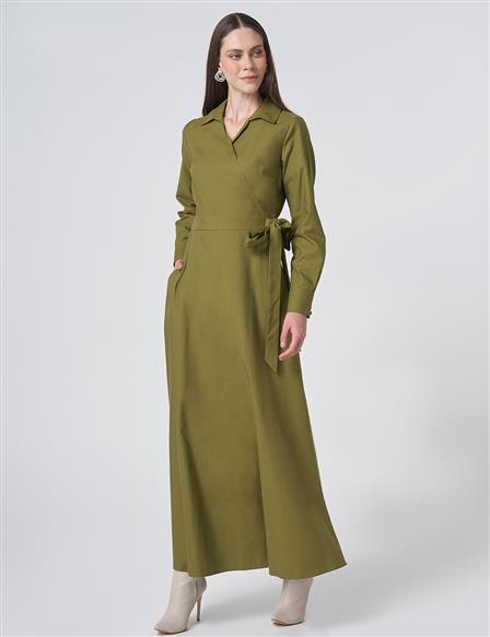 Wrap Tie Cotton-Lyocell Dress – Dark Matcha Green