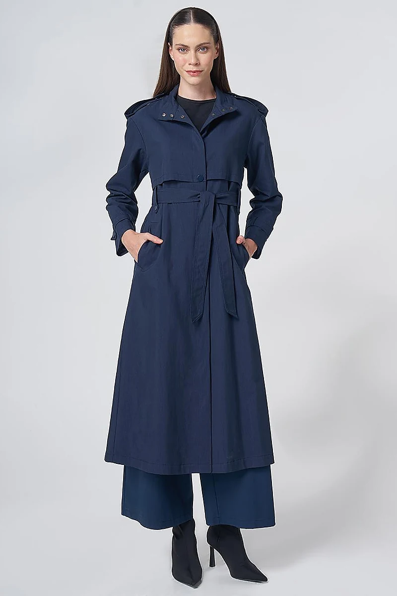 Stand Collar Trench Coat – Dark Navy