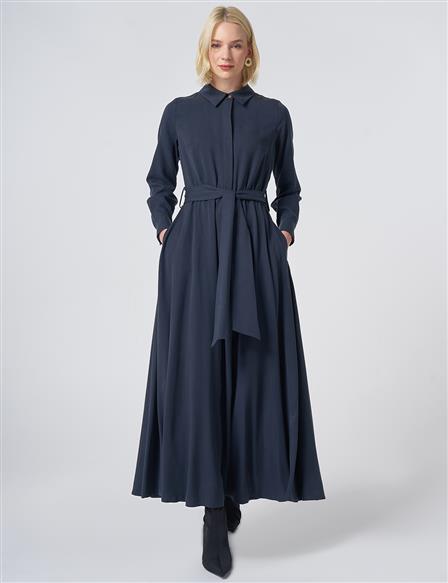 100% Lyocell Shirt-Collar Dress – Dark Navy