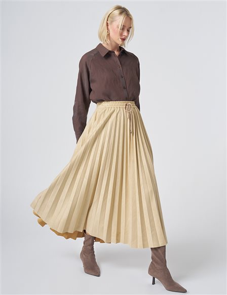 Pleated Suede Skirt – Light Yellow