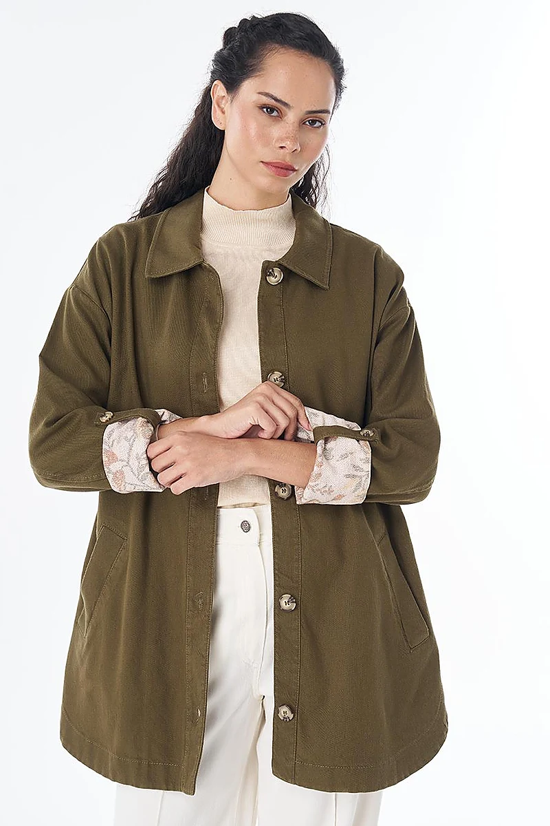 Button-Front Non-Denim Jacket – Dark Khaki