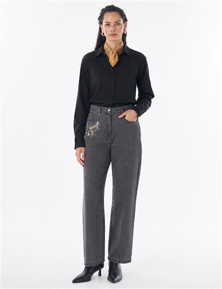 Washed Embroidered Trousers Black