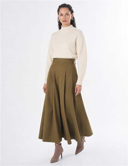 High-Waisted Pleated Skirt - Khaki