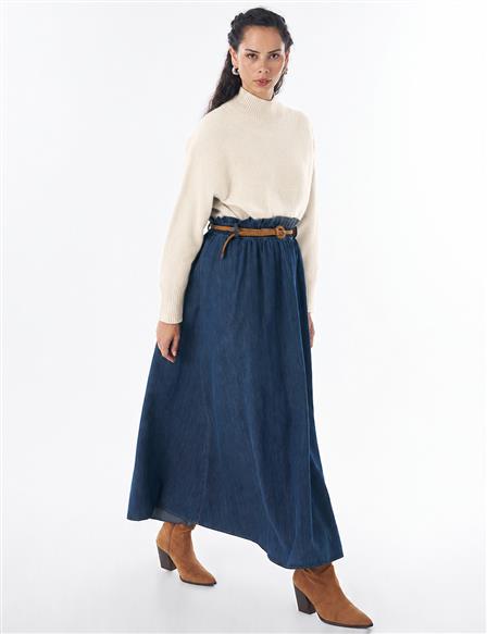 Belt-Detail Denim Skirt - Indigo