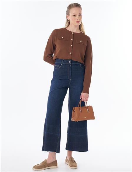 Washed Wide-Leg Denim Pants - Navy