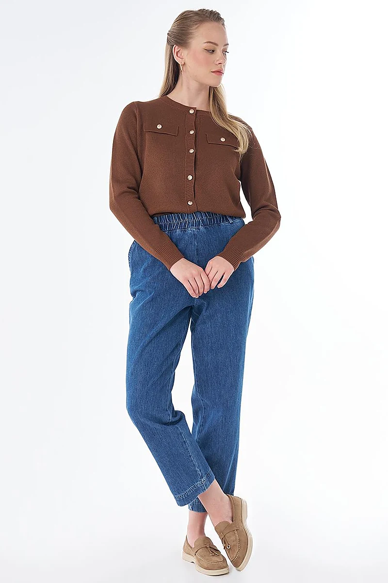 Elastik Bel Denim Pantolon İndigo