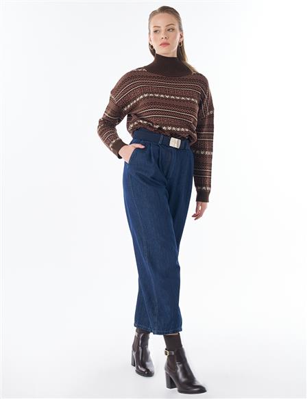 Belt-Detail Denim Pants - Navy