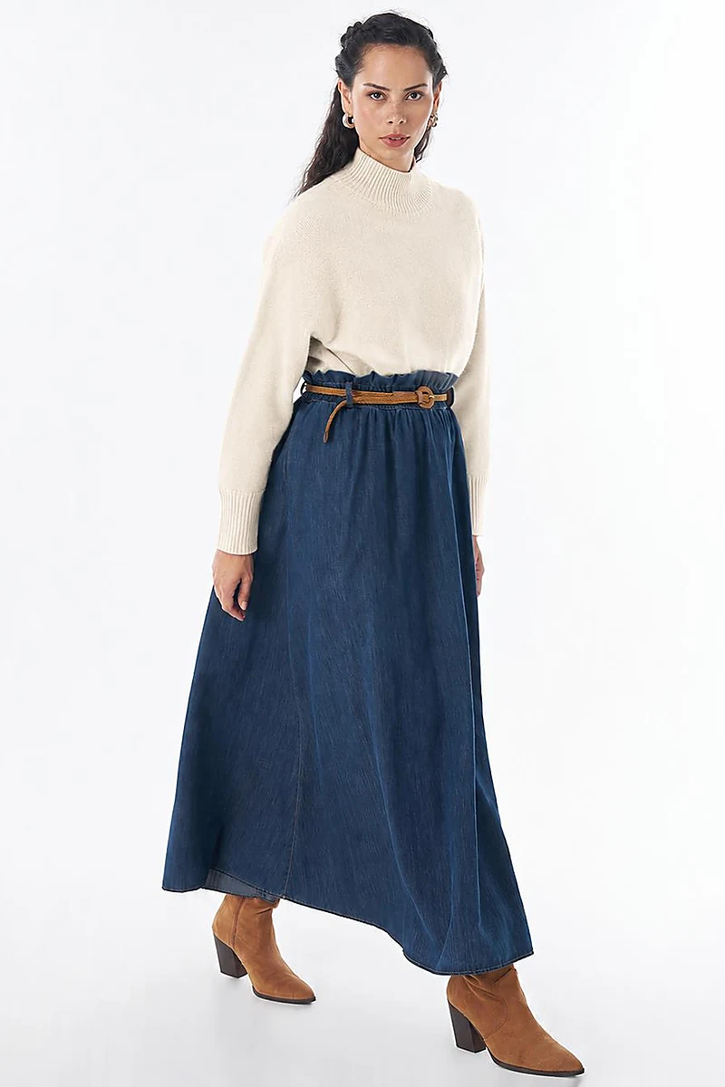 Belt-Detail Denim Skirt - Indigo