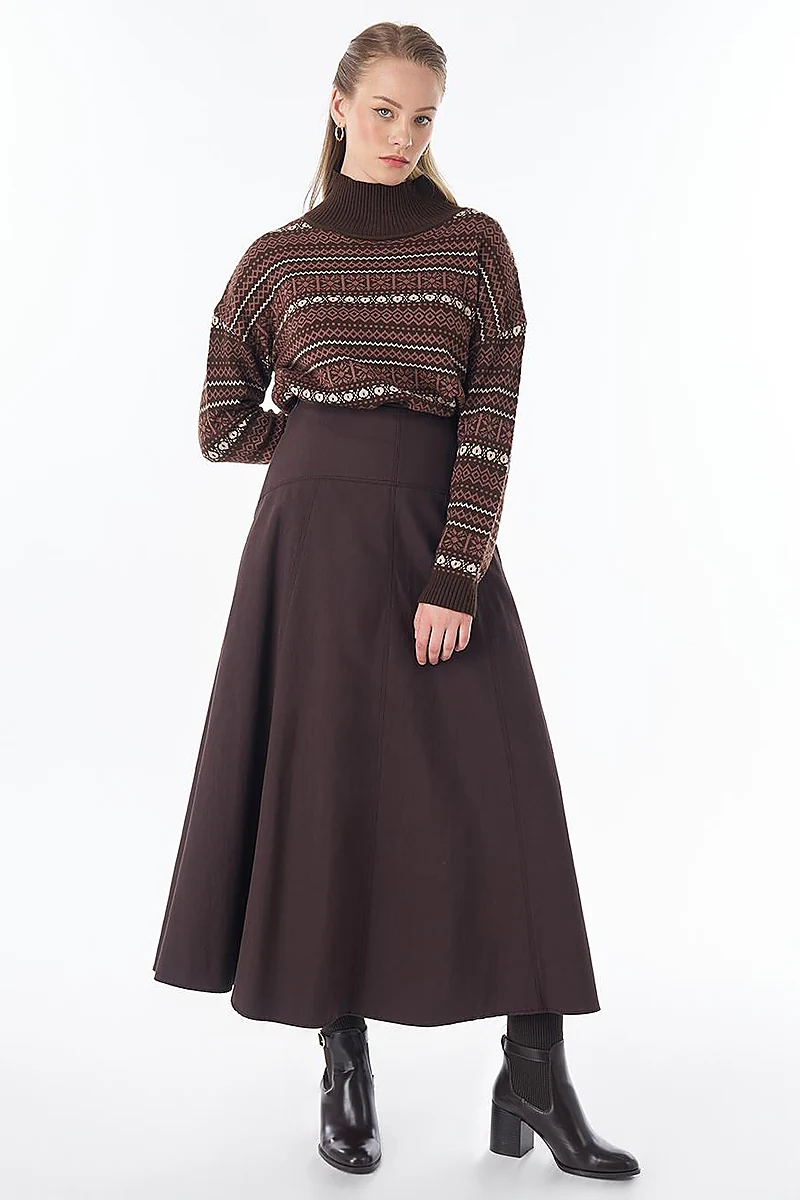 High-Waisted Flared Skirt - Dark Brown