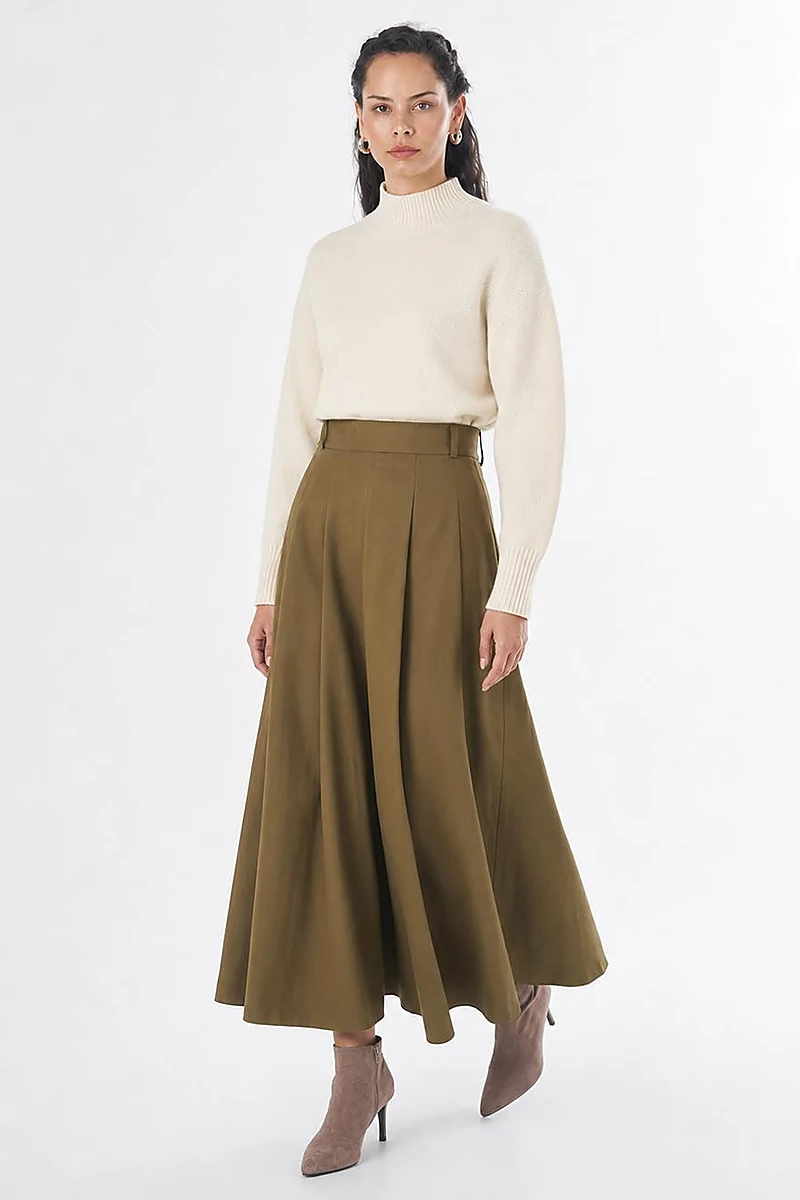 High-Waisted Pleated Skirt - Khaki
