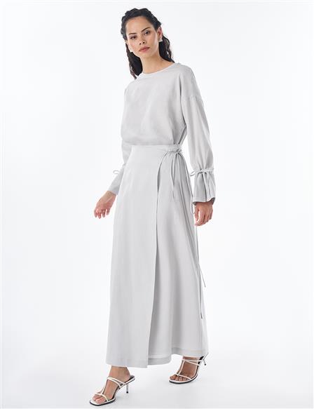 High-Waist Linen Wrap Skirt – Light Grey