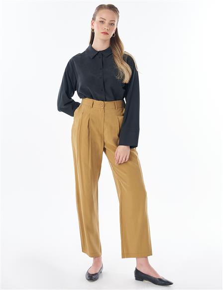 High-Waist Pleated Modal Pants – Dark Mustard