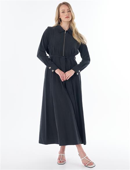 Shirt Collar Modal Dress – Black