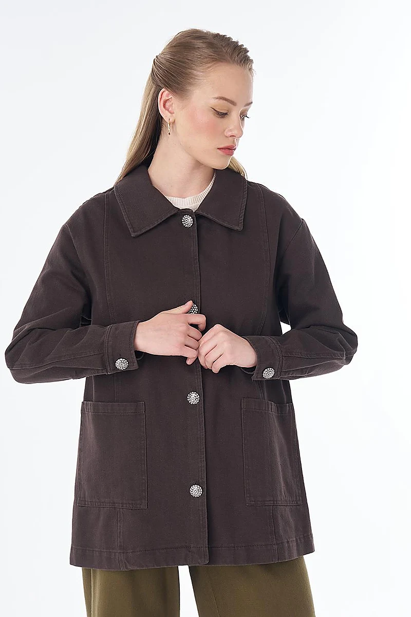 Shiny Button Jacket – Dark Brown