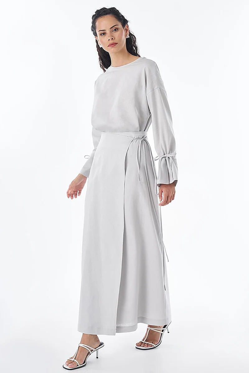 High-Waist Linen Wrap Skirt – Light Grey