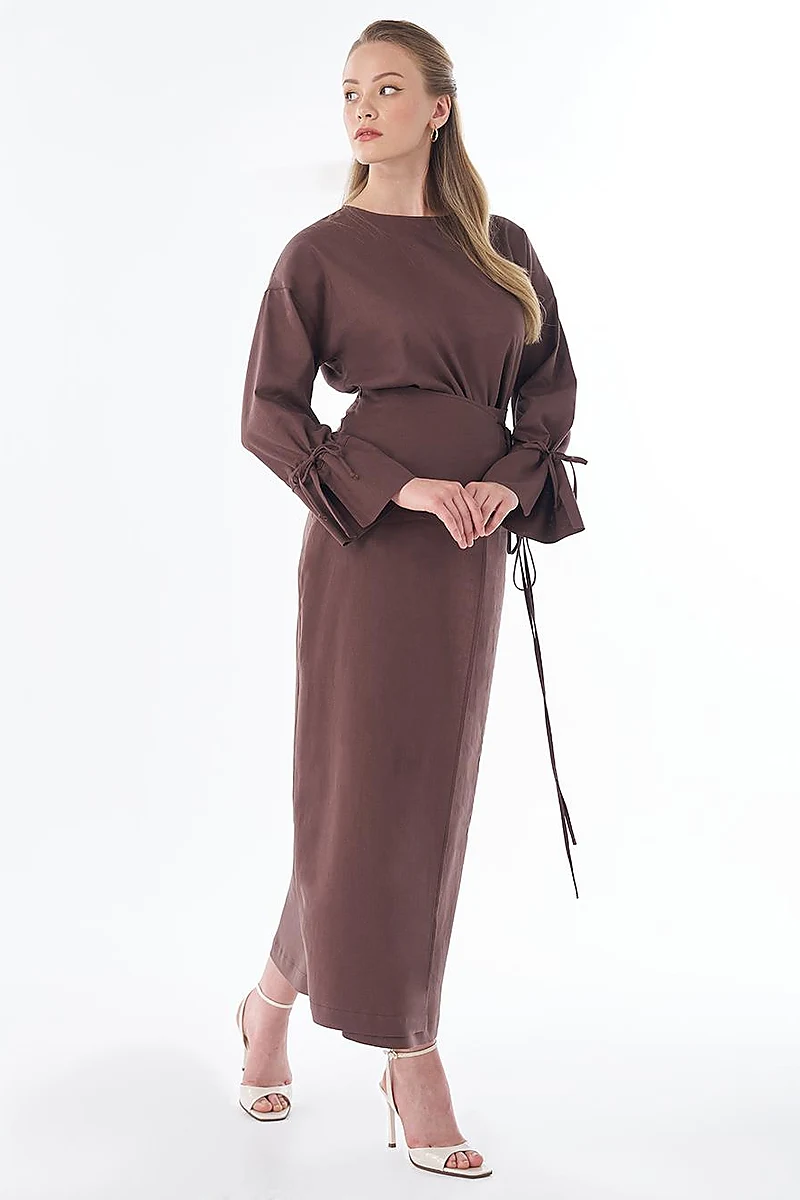 High-Waist Linen Wrap Skirt – Chocolate