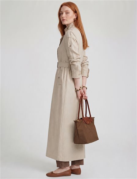Belt-Detail Linen Lyocell Coat Stone