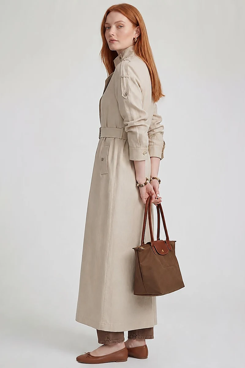Belt-Detail Linen Lyocell Coat Stone