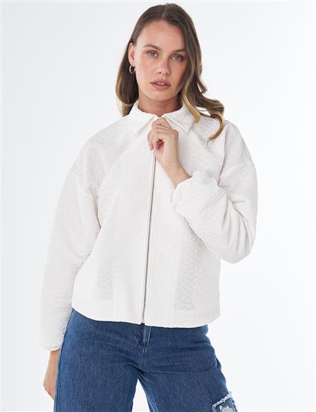 Textured Polo Collar Jacket – Ecru