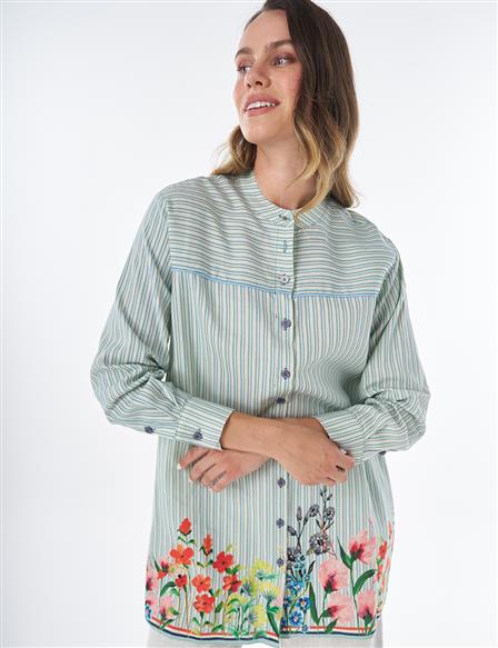 Floral Print Cotton Linen Tunic – Blue