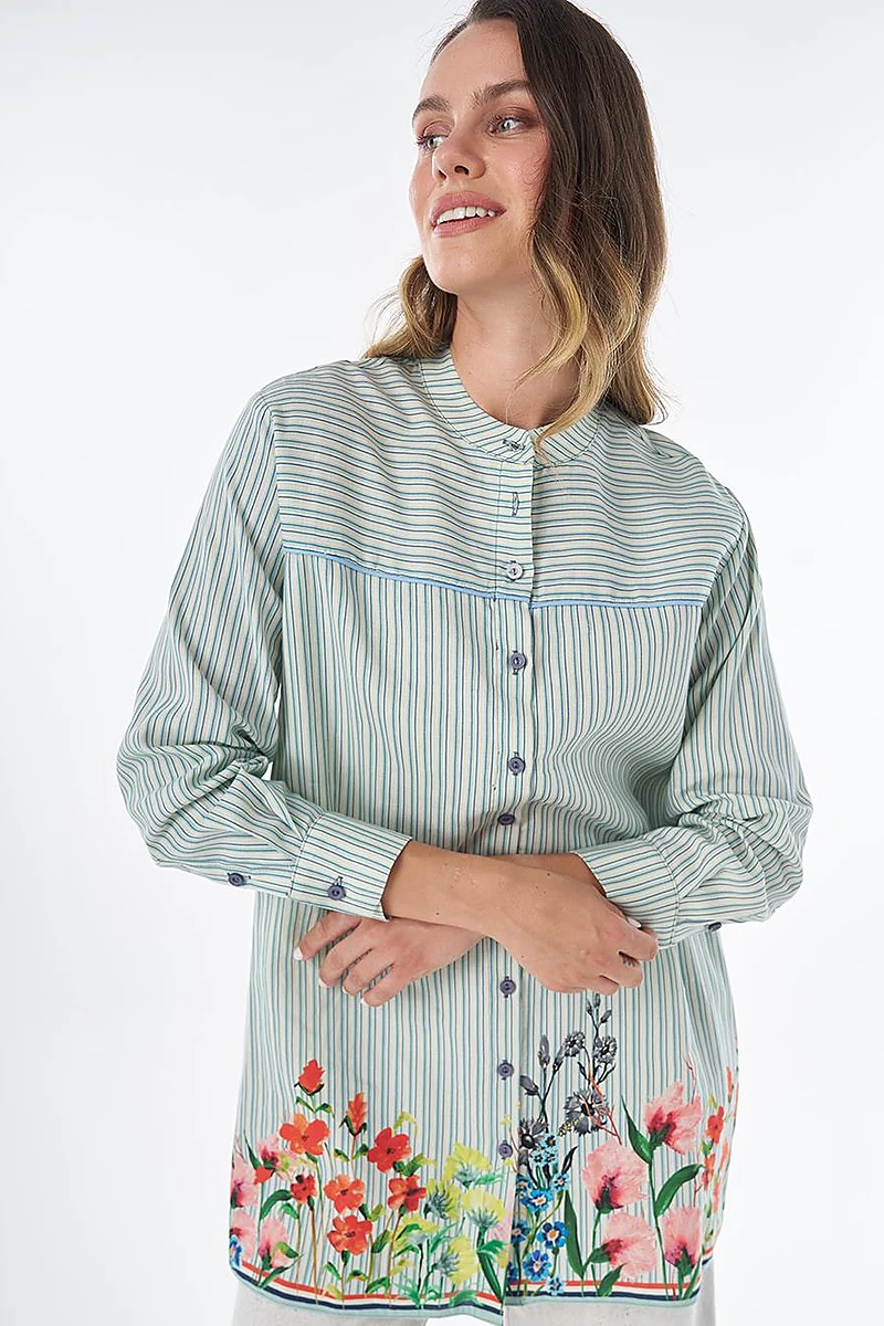 Floral Print Cotton Linen Tunic – Blue