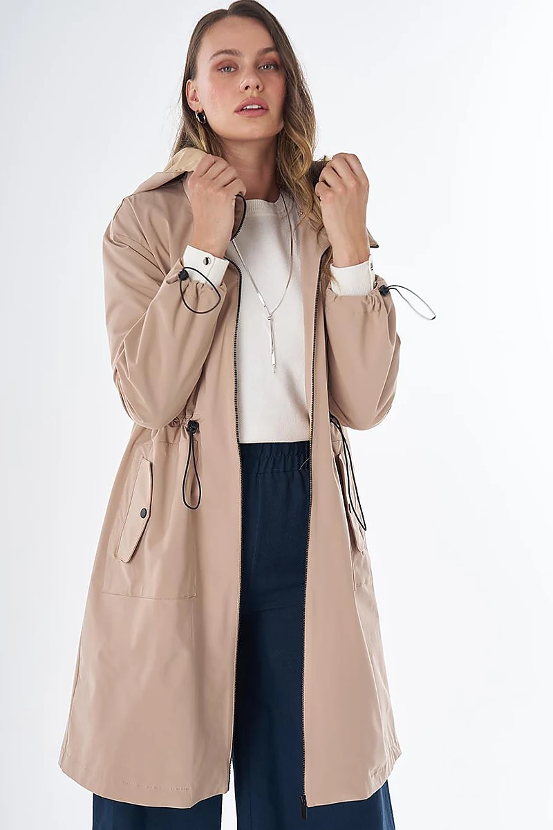 Wide Collar Belted Drawstring Trench Coat – Beige