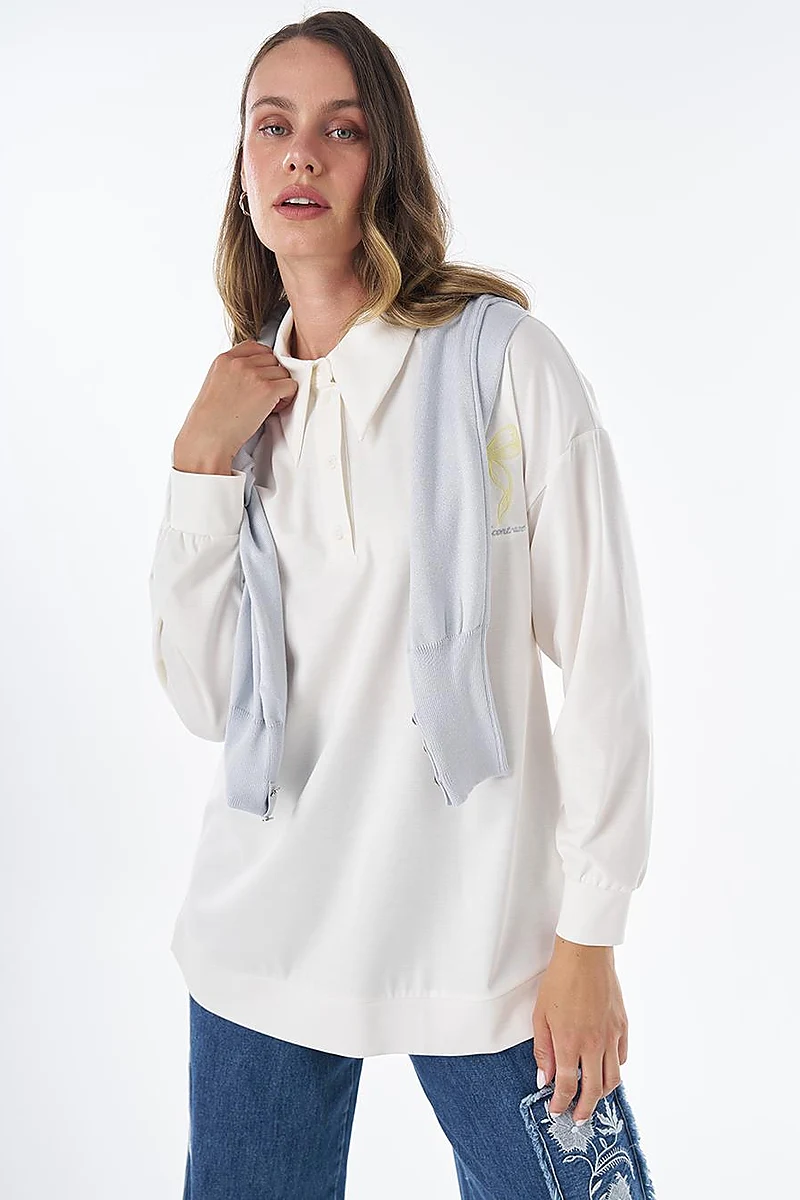 Pointed Collar Rayon Sweatshirt – Optical White