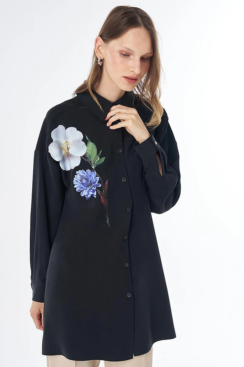 Floral Print Rayon Tunic – Black