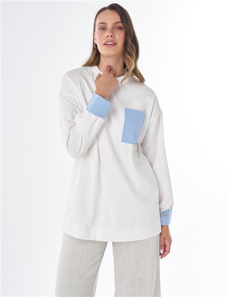 Nakış Aplikeli Viskon Sweatshirt Ekru 