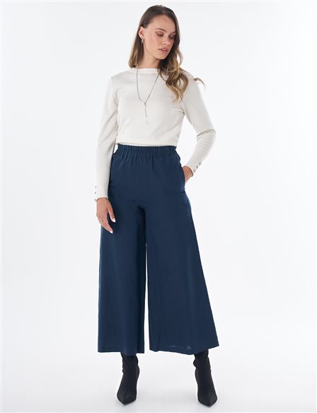 Wide-Leg Cotton Linen Pants – Dark Navy