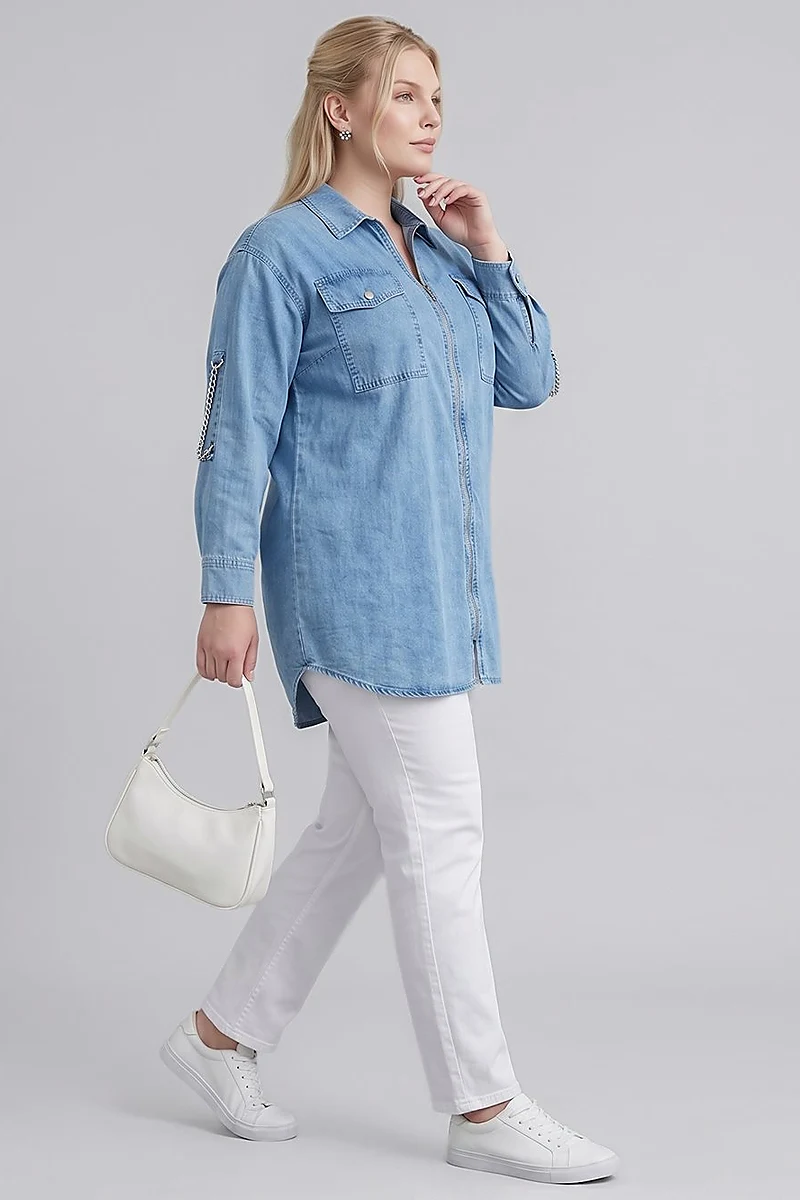 Zip-Up Chain Detail Blouse Blue