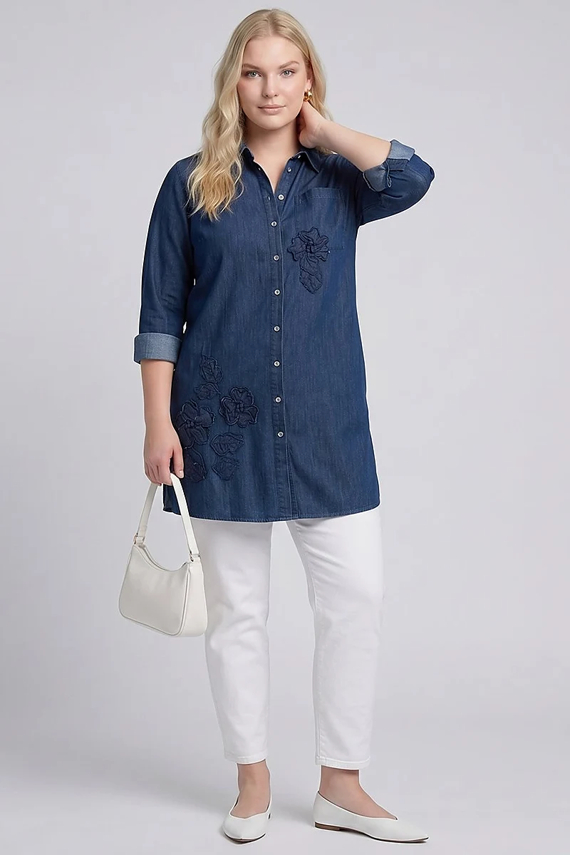 Washed Tunic with Embroidered Appliqué – Indigo