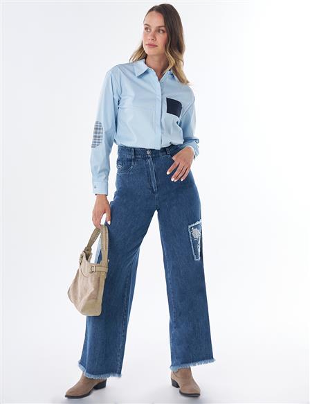 Washed Embroidered Denim Pants Blue