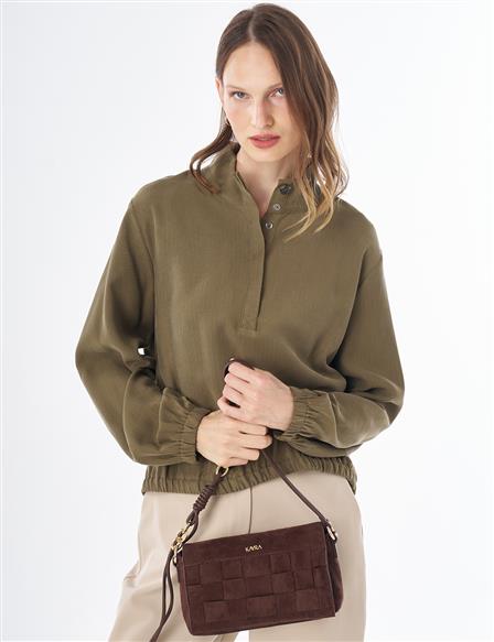 Stand Collar Rayon Blouse Khaki