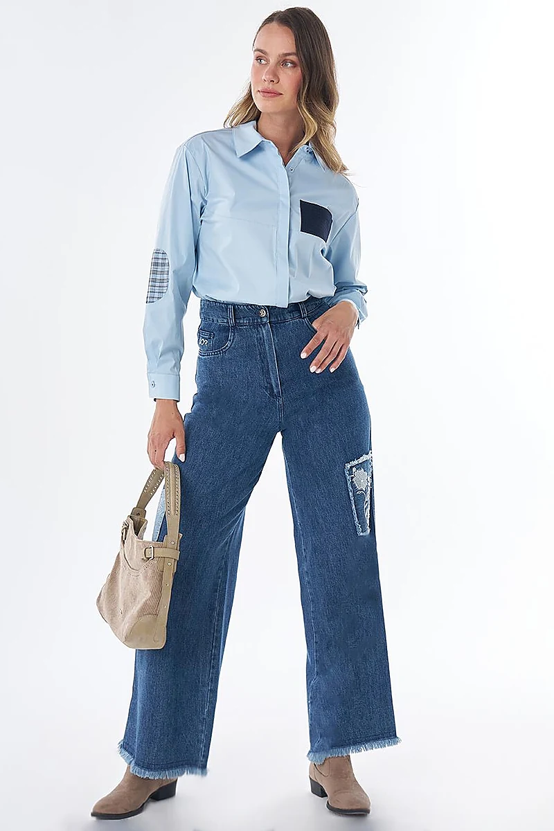 Yıkamalı Nakış İşlemeli Denim Pantolon Mavi 