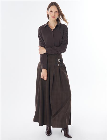 Plaid Skirt with Metal Buckle – Dark Brown