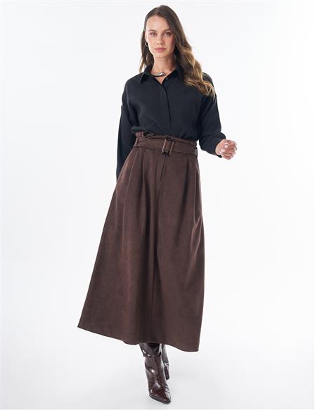 Belt-Detail Suede Skirt – Dark Brown